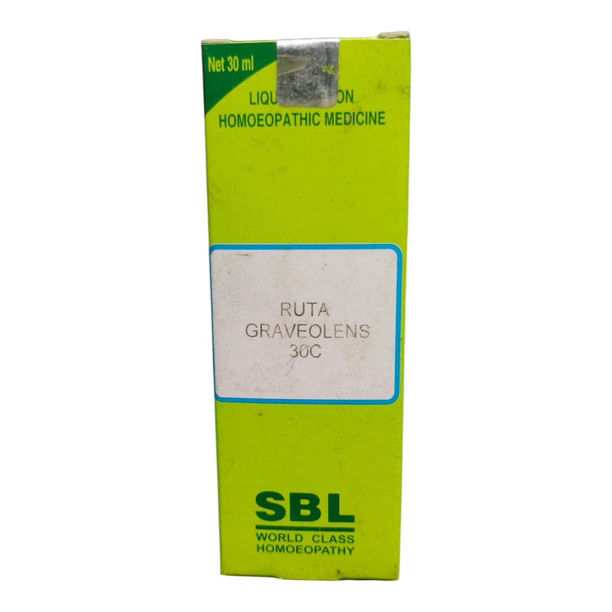 A lime green cardboard box of SBL World Class Homeopathic Medicine, Ruta Graveolens 36C, shown against a plain white background.