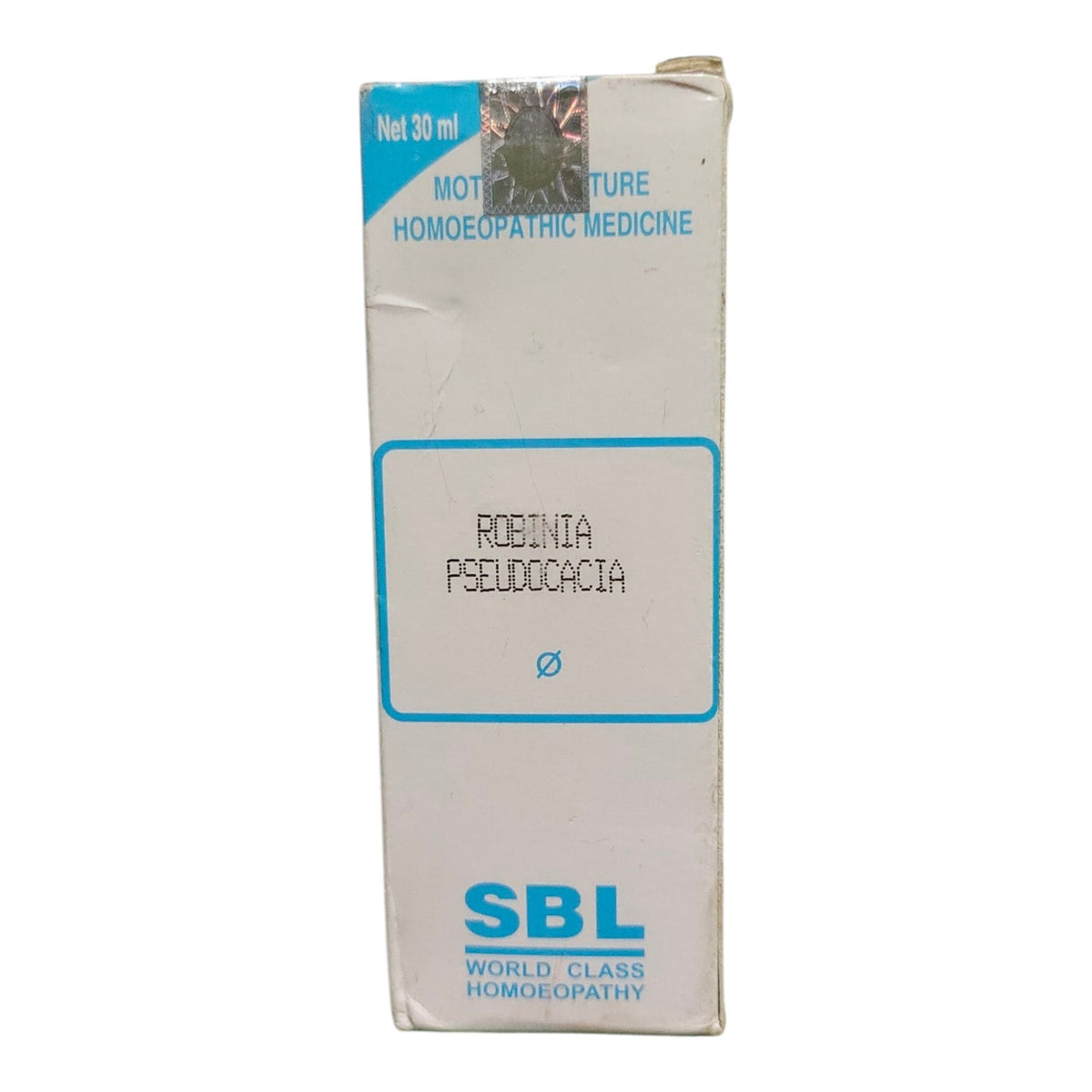 A white cardboard box of SBL Robinia Pseudocacia homeopathic medicine, featuring blue text and a blue-bordered label on a white background.