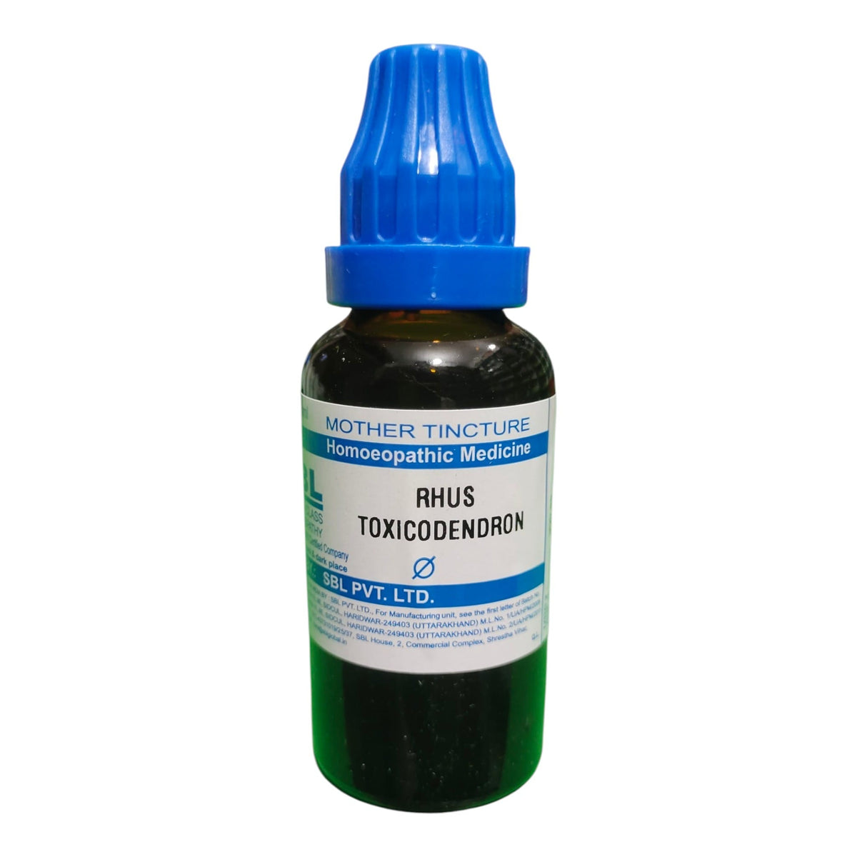 A bottle of Mother Tincture Rhus Toxicodendron homeopathic medicine, featuring a dark amber glass bottle, a blue plastic dropper cap, and a white label with blue text.