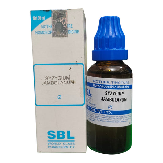 A bottle of SBL Syzygium Jambolanum Mother Tincture Homeopathic Medicine next to its white cardboard packaging box, on a plain white background.