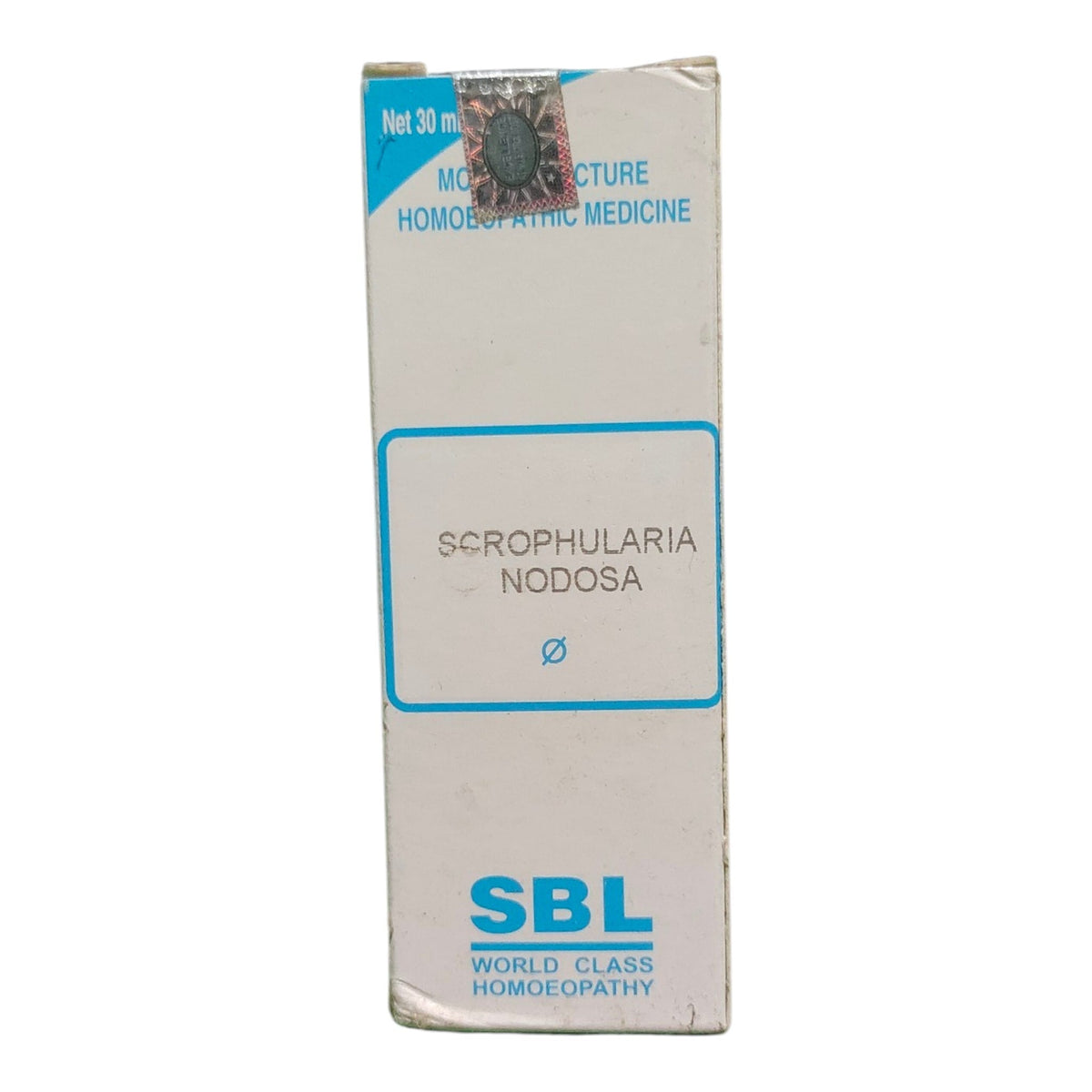 A white rectangular box of SBL Scrophularia Nodosa homeopathic medicine, featuring blue text and border details on a white background.