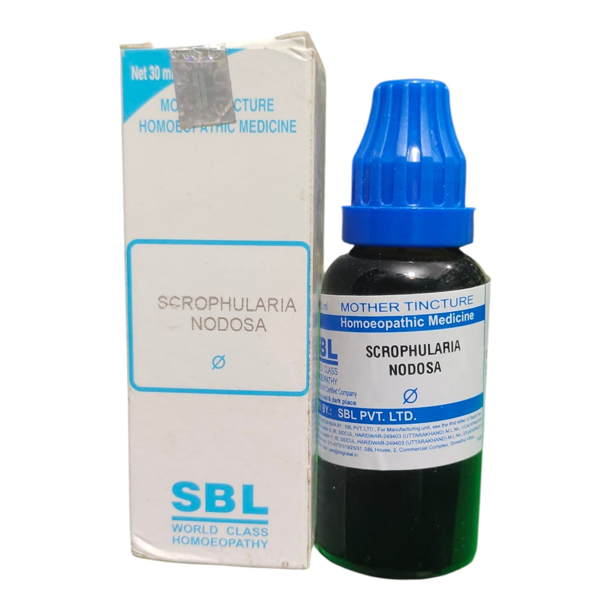 A bottle of SBL Mother Tincture Homoeopathic Medicine for Scrophularia Nodosa next to its white cardboard packaging box with blue text, on a white background.