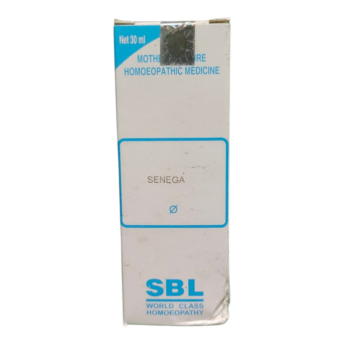 A 30 ml box of SBL Senega homeopathic medicine, featuring a white carton with blue text and border details, sealed with a protective plastic wrap.