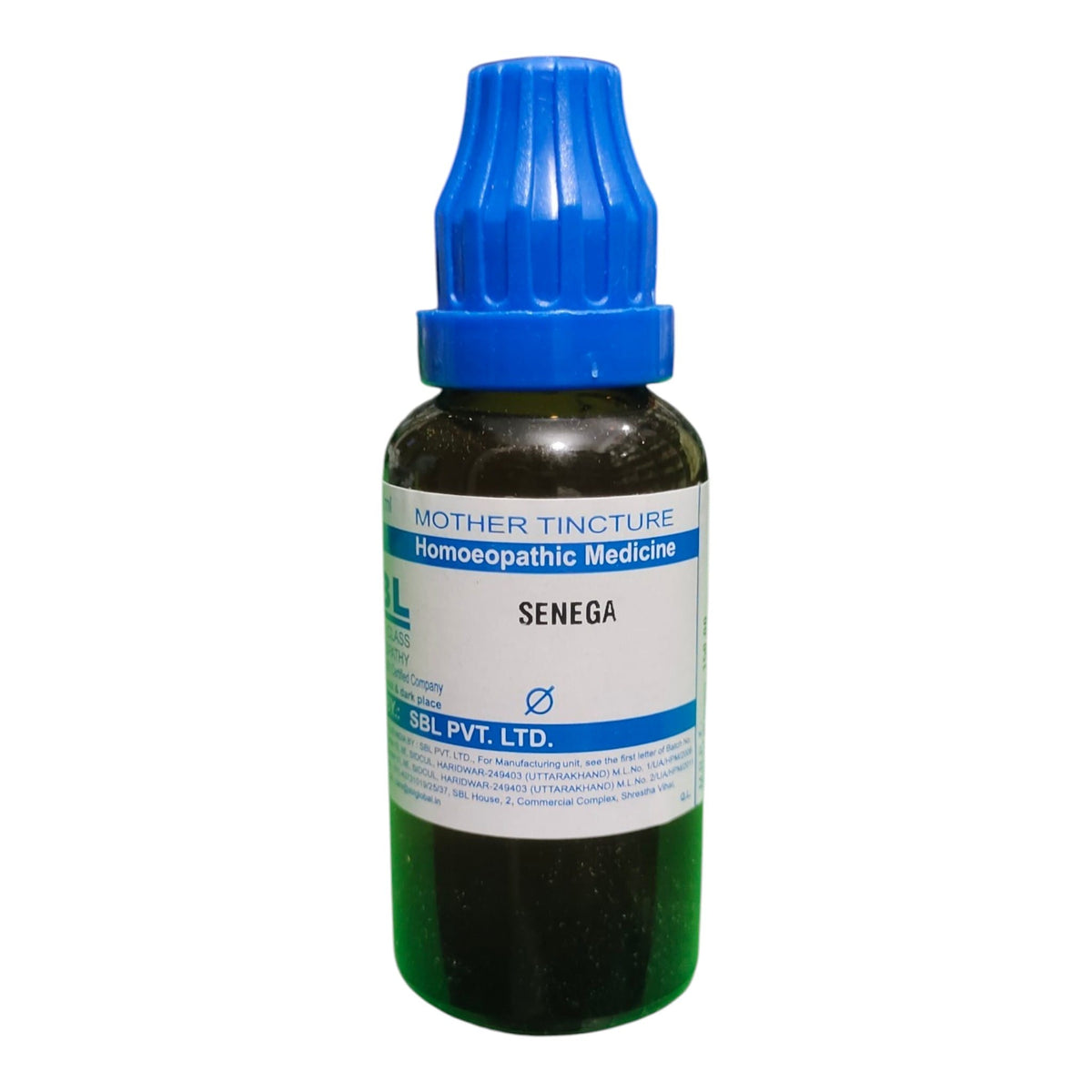 A bottle of Senega Mother Tincture homeopathic medicine by SSL Pvt. Ltd.