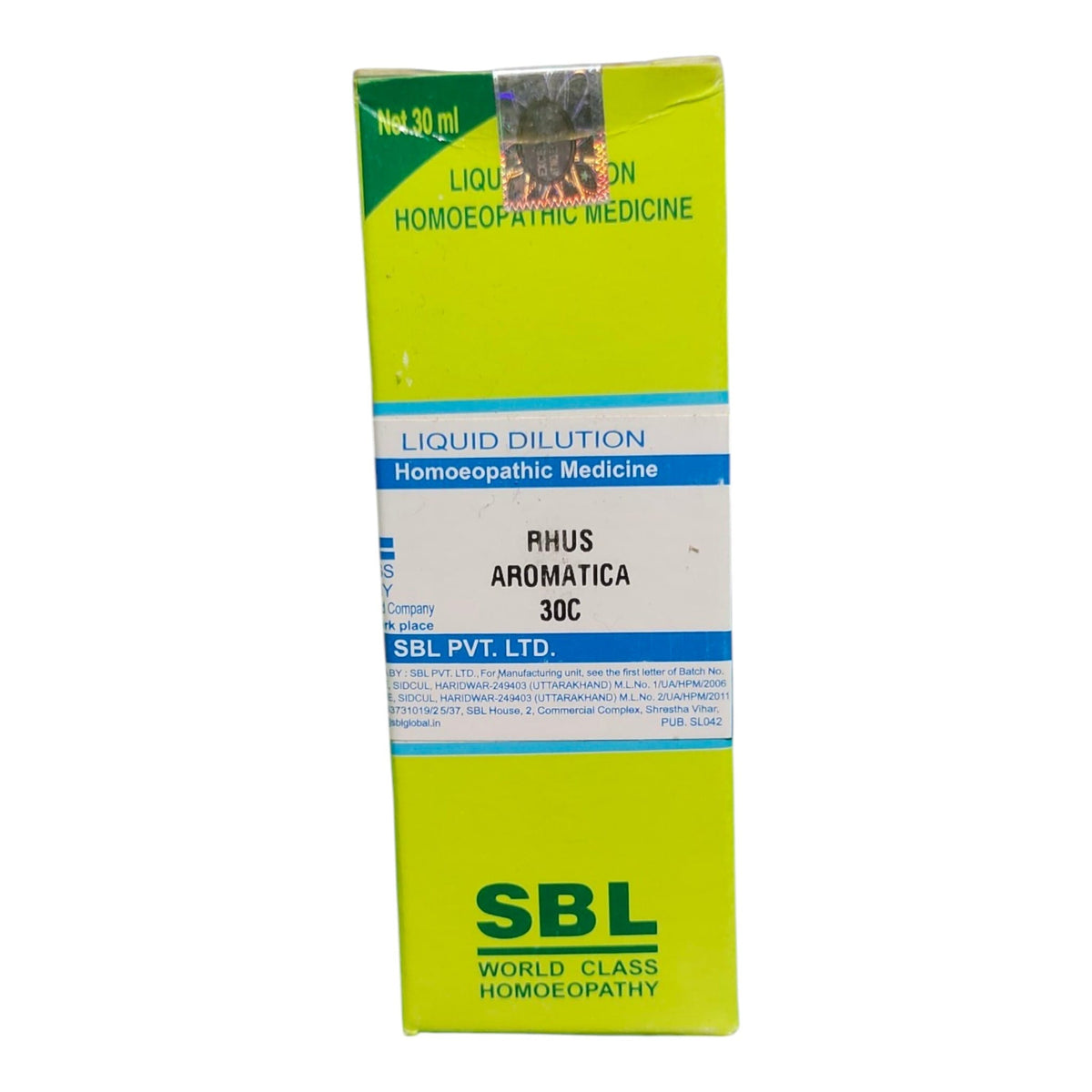 A box of SBL Liquid Dilution Homeopathic Medicine, Rhus Aromaticus 30C, featuring a bright lime green and white design with blue accents.