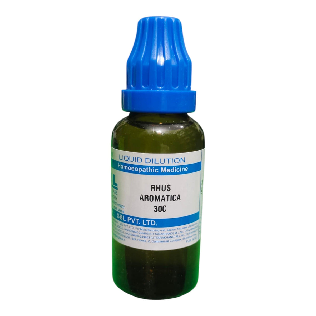 A bottle of Rhus Aromatico 30C liquid dilution homeopathic medicine by Sil. Pvt.