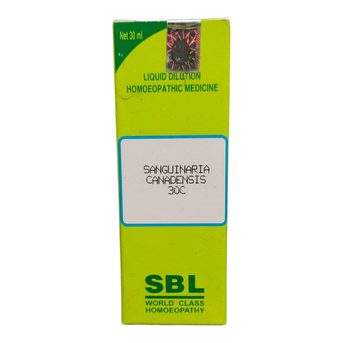 A 30 ml box of SBL Sanguinaria Canadensis 30C liquid dilution homeopathic medicine, featuring a bright lime green packaging with a white label in the center.