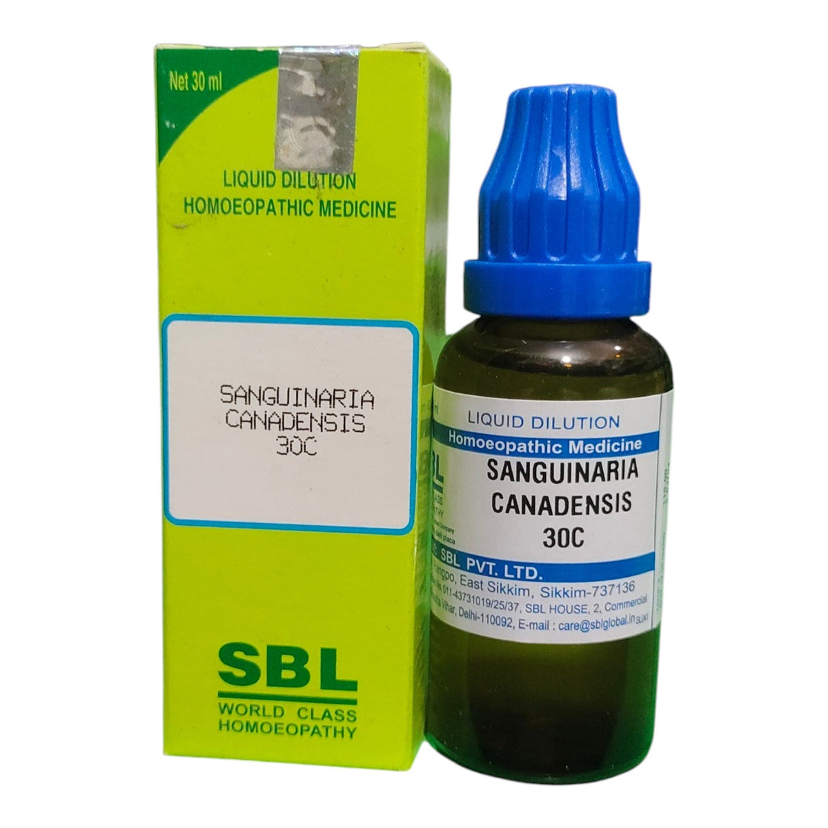 A bottle of SBL World Class Homeopathy Sanguinaria Canadensis 30C liquid dilution medicine next to its lime green and white cardboard packaging box, on a plain white background.