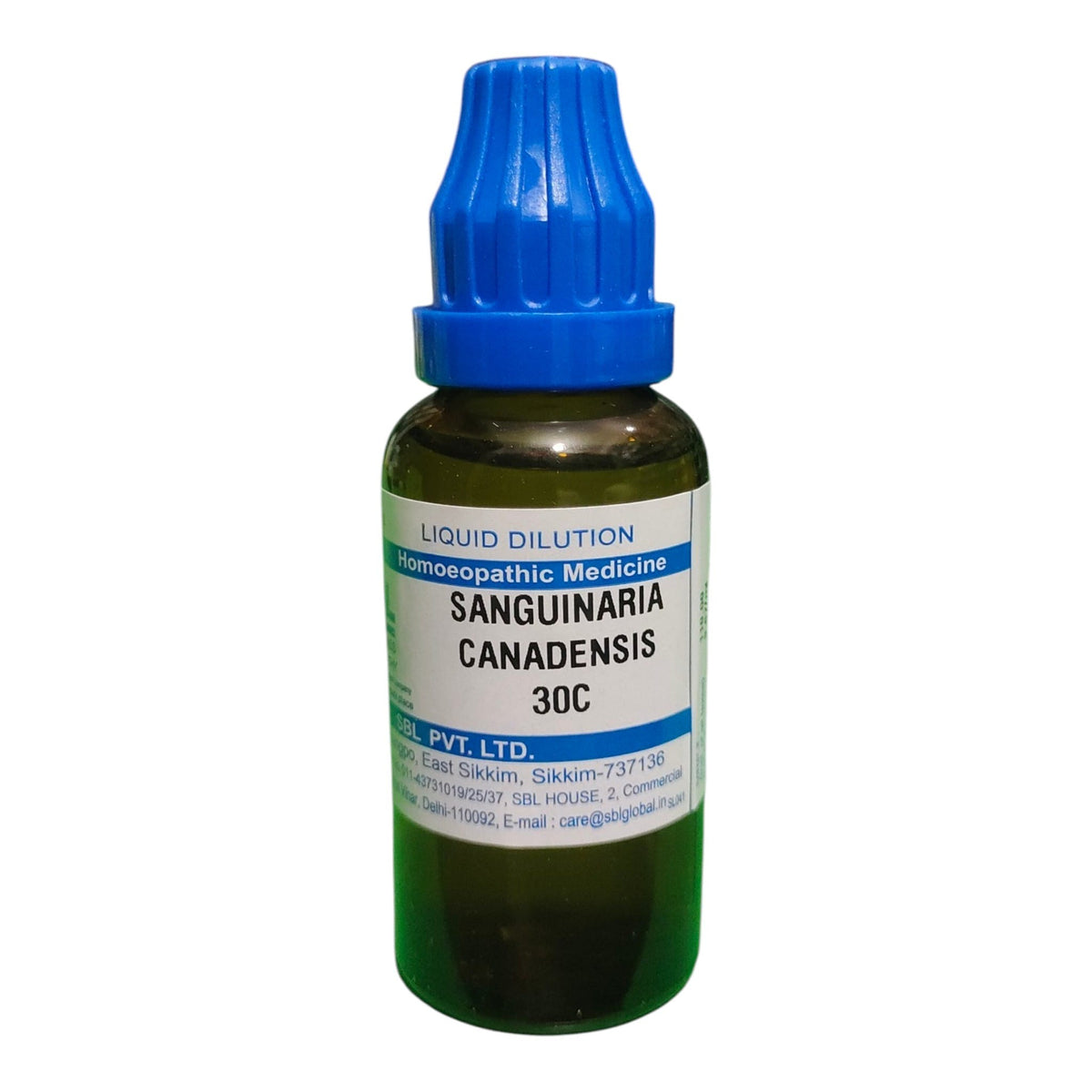 A small amber glass bottle of Sanguinaria Canadensis liquid dilution homeopathic medicine with a blue ribbed cap and a white label, shown on a plain white background.
