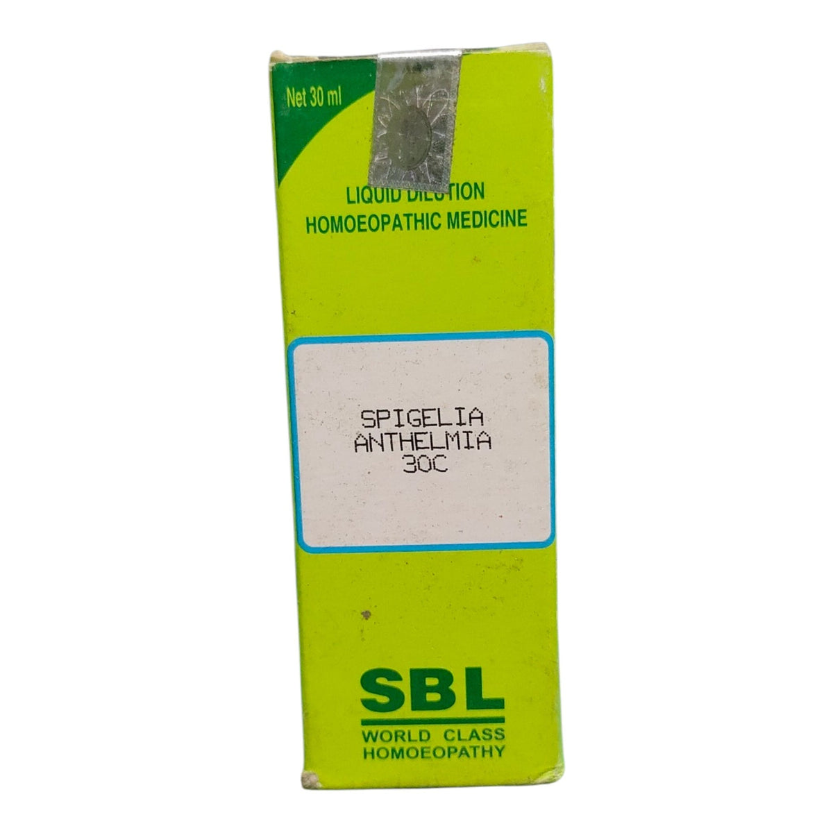A green and white box of SBL Spicelia Anthelmia 30C liquid injection homeopathic medicine, shown against a plain white background.