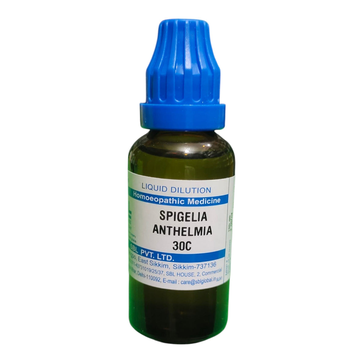 A small dark glass dropper bottle of homeopathic medicine labeled 'Spigelia Anthelmia 30C' with a blue dropper cap, on a plain white background.