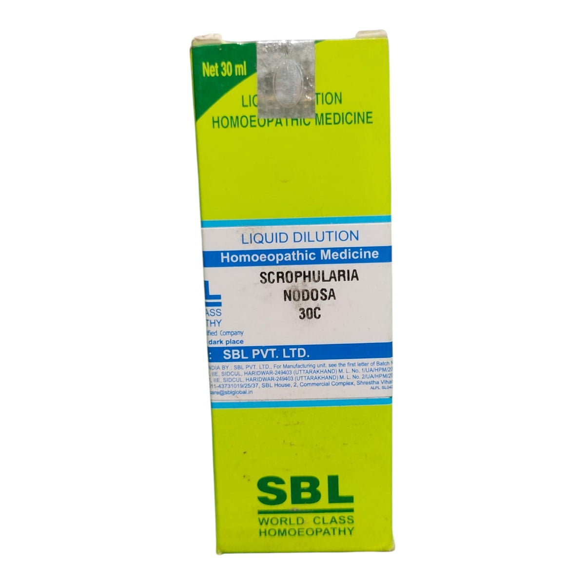 A tall rectangular box of SBL World Class Homeopathy liquid dilution medicine, labeled 'Scrophularia Nodosa 30C'. The packaging is lime green with a white and blue label band and green branding at the bottom.