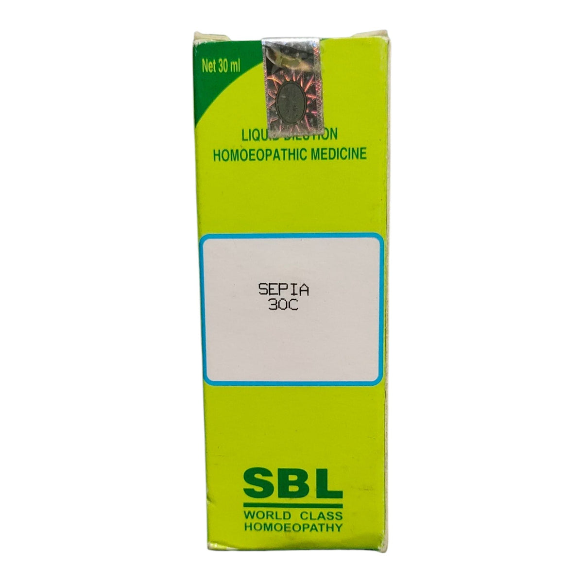 A box of SBL Sepia 30C homeopathic medicine, featuring a bright lime green packaging with a white label area in the center and the SBL brand logo at the bottom.