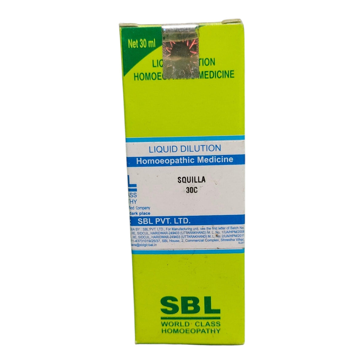 A green and white box of SBL Homeopathy Liquid Dilution Homeopathic Medicine, specifically Squilla 30C, on a plain white background.