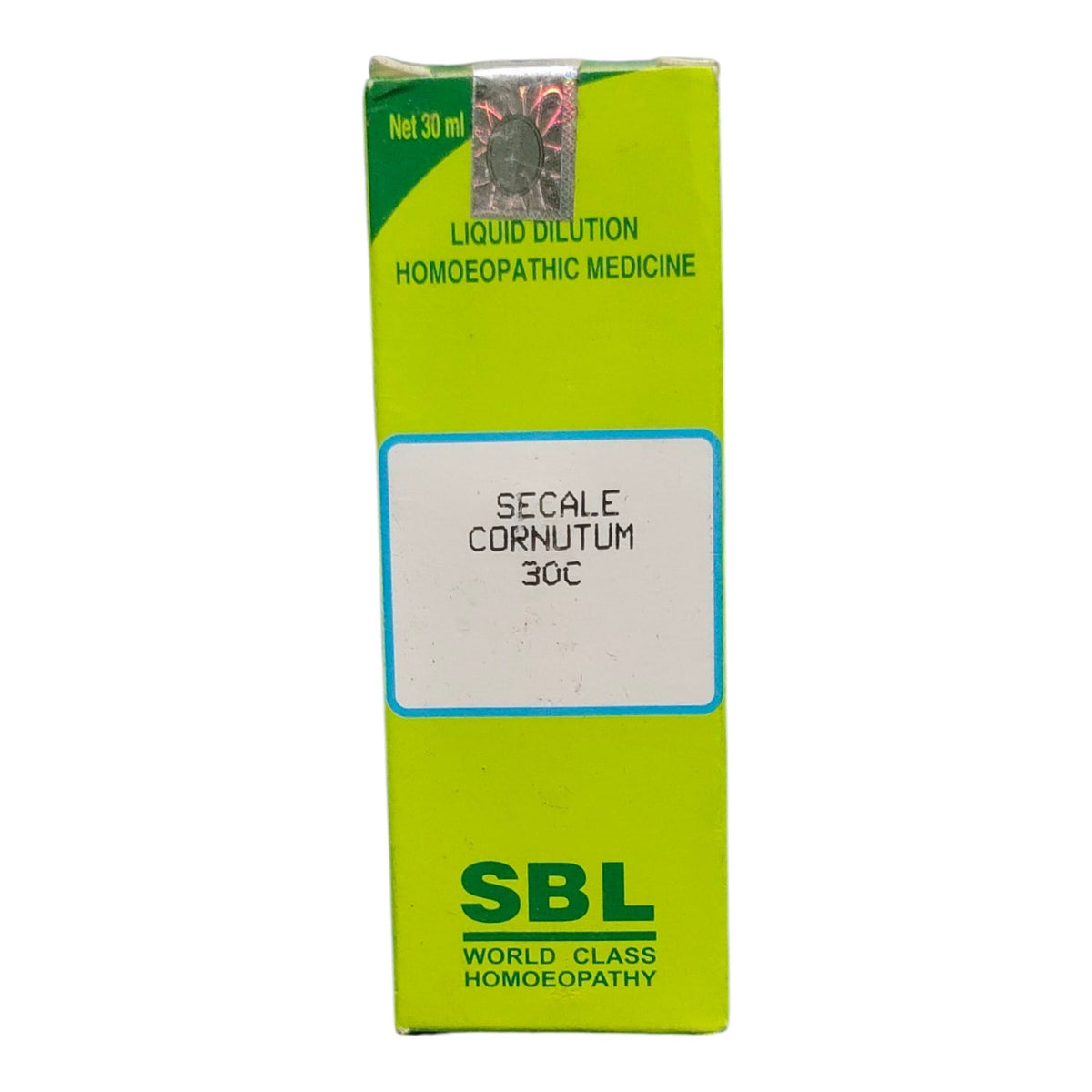 A bright lime green box of SBL Segale Cornutum 30C liquid dilution homeopathic medicine, shown against a plain white background.