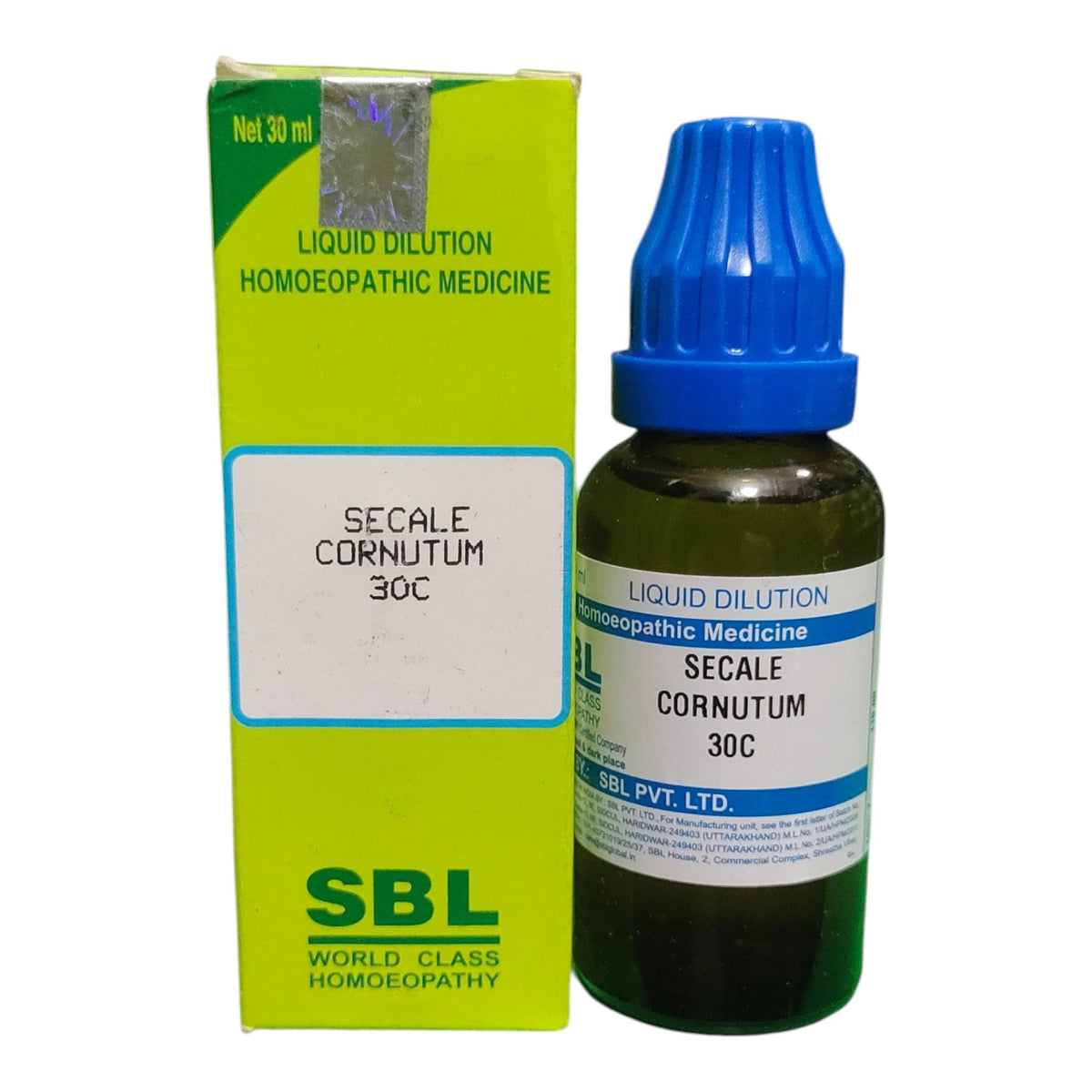 SBL Secale Cornutum 30C liquid dilution homeopathic medicine shown with its green and yellow box and a dark glass dropper bottle with a blue cap on a white background.
