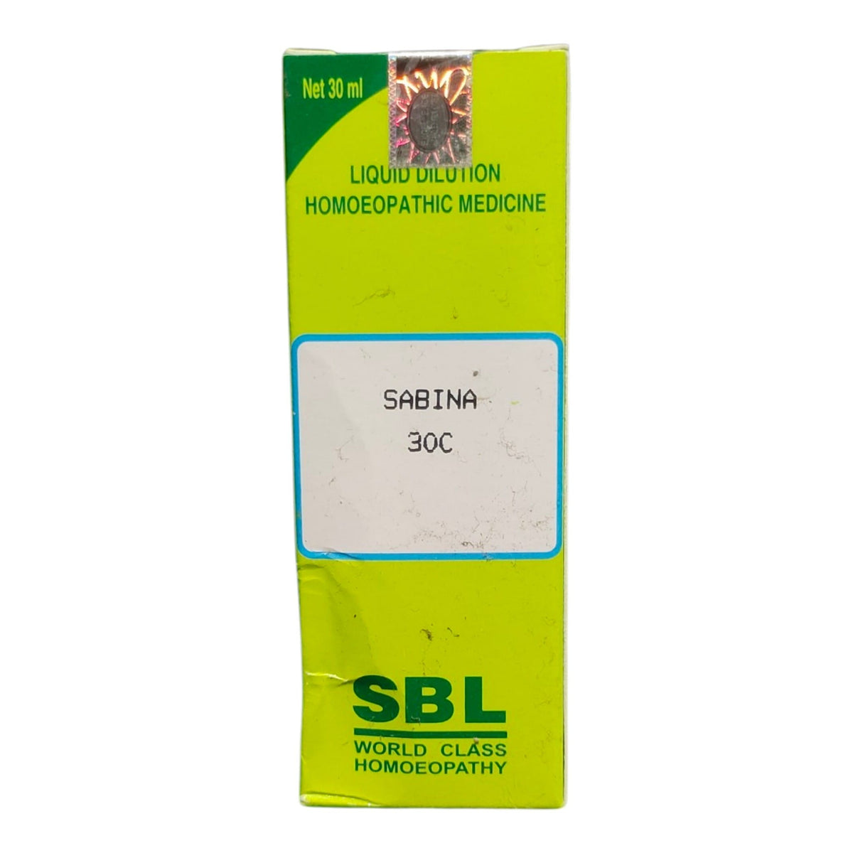 A green and yellow box of SBL Sabina 30C liquid dilution homeopathic medicine, 30 ml size, on a white background.