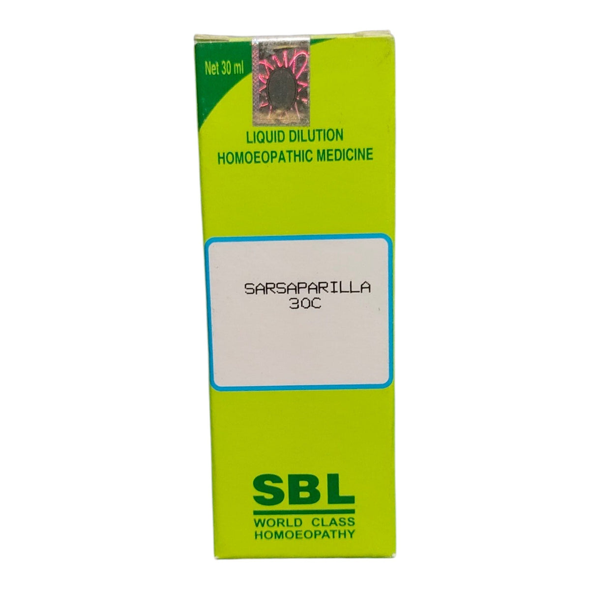 A 30 ml box of SBL Homeopathy Liquid Dilution Homeopathic Medicine, specifically Sarsaparilla 30C, featuring a bright lime green background with a white label in the center.