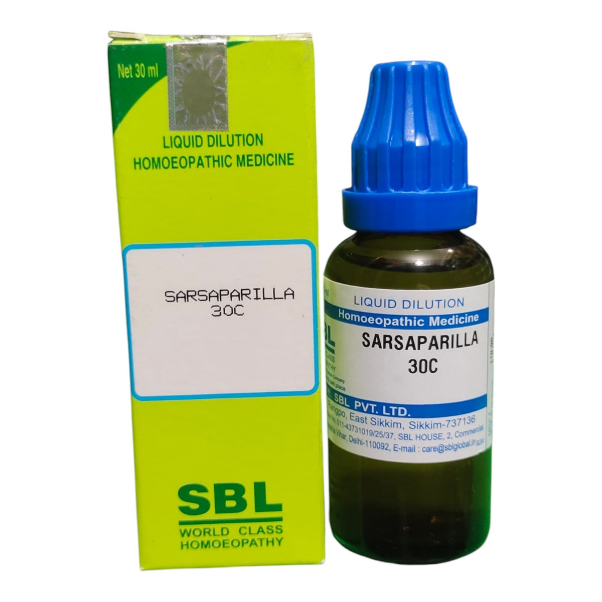 SBL World Class Homeopathy SARSAPARILLA 30C liquid dilution medicine shown with its lime green and white cardboard box next to the dark amber glass dropper bottle with a blue cap on a white background.