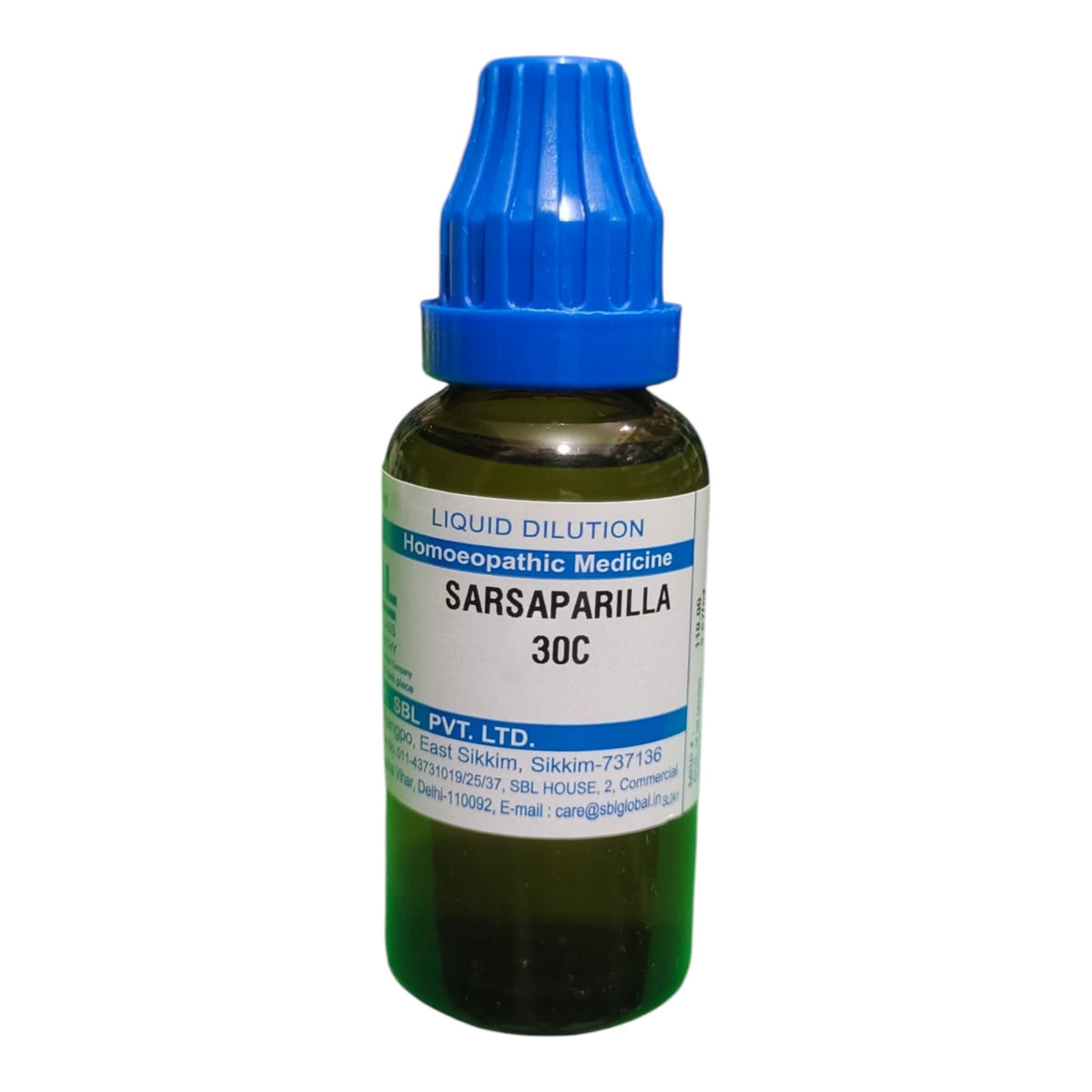 A small amber glass bottle of homeopathic medicine with a blue dropper cap and a white label reading SARSAPARILLA 30C, on a plain white background.