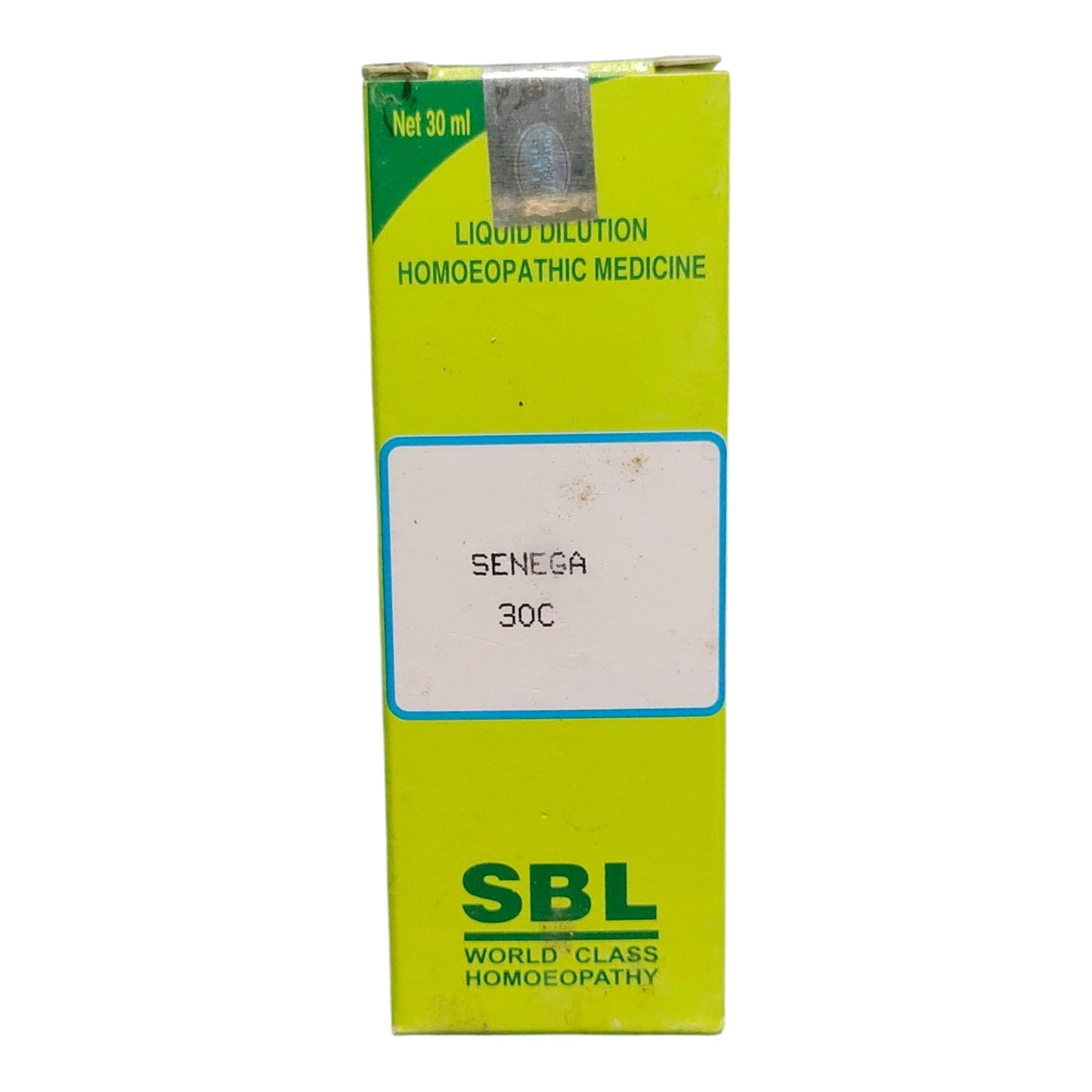 A 30 ml box of SBL Senega 30C liquid dilution homeopathic medicine, featuring a bright lime green packaging design with a white label in the center.