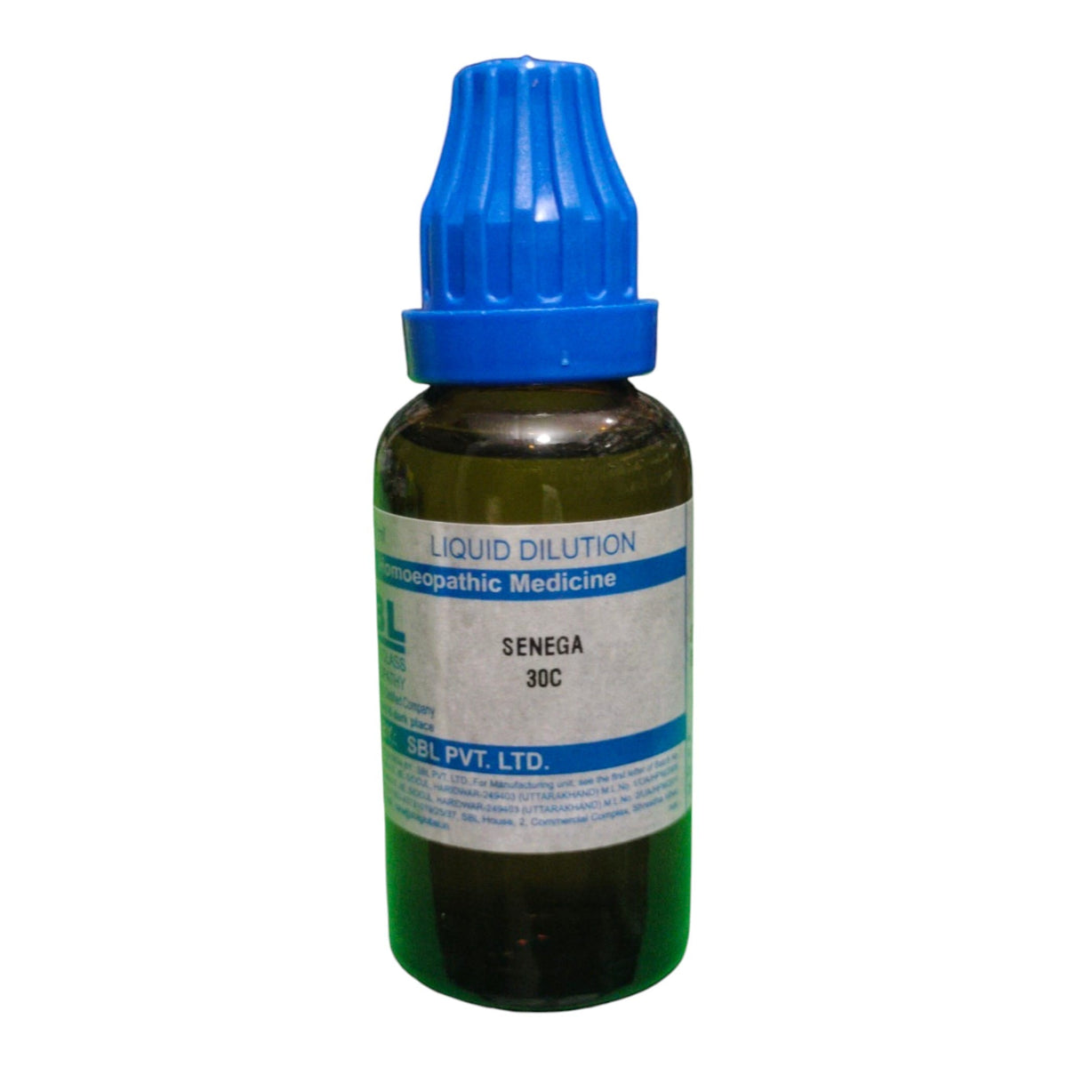 A small amber glass dropper bottle of Senega liquid dilution homeopathic medicine with a blue cap and a white label.