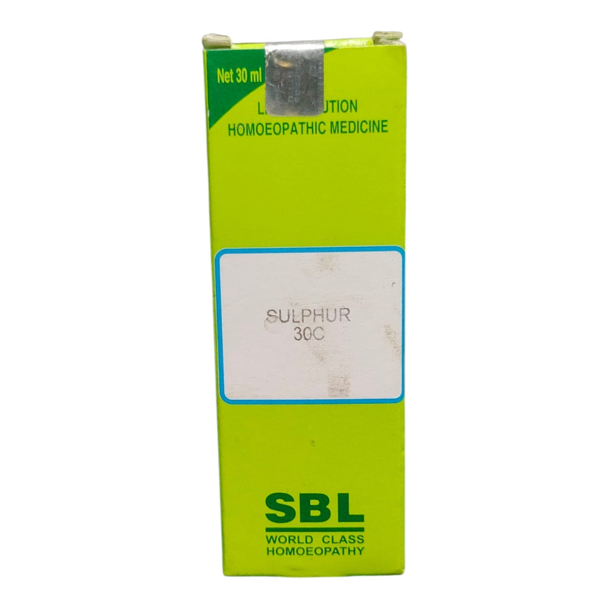 A green rectangular box of SBL Sulphur 30C homeopathic medicine, featuring a white label in the center and green text, set against a plain white background.