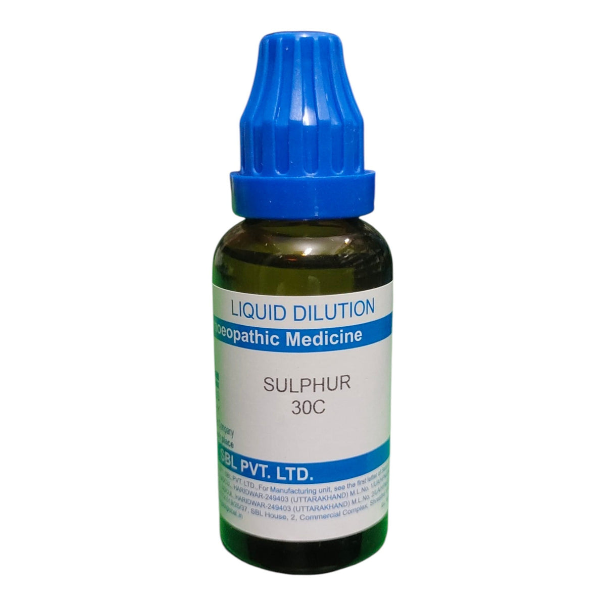 A small amber glass dropper bottle of Sulfur Liquid Dilutionopathic Medicine by SGL. PVT.