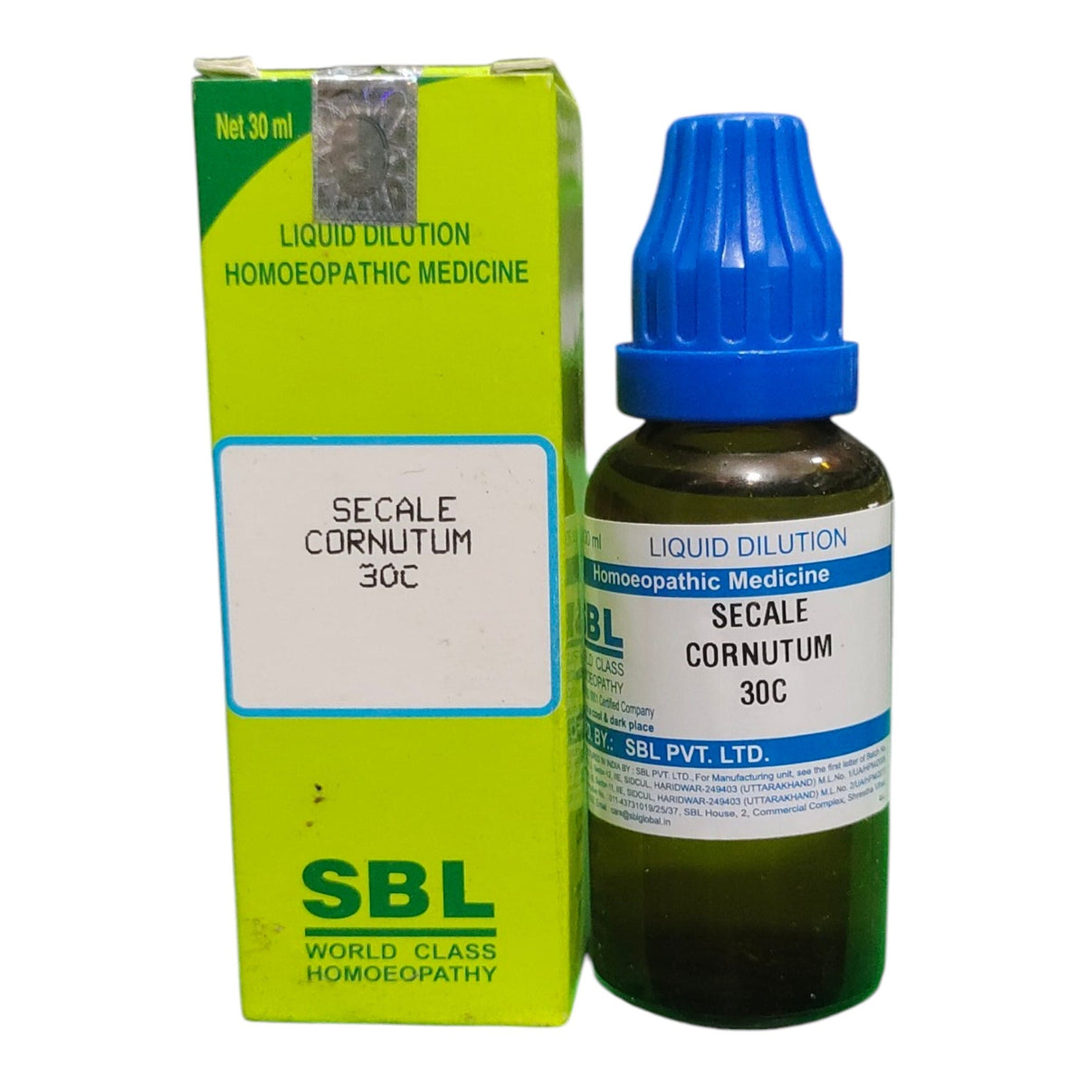 A bottle of SBL World Class Homoeopathy Secale Cornutum 30C liquid dilution medicine next to its lime green and white packaging box, on a white background.