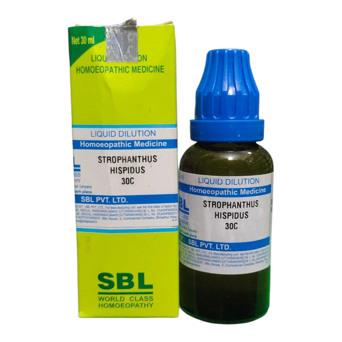 A bottle of SBL World Class Homoeopathy Strophanthus Hispidus 30C liquid dilution medicine next to its lime green and white cardboard packaging box, on a plain white background.