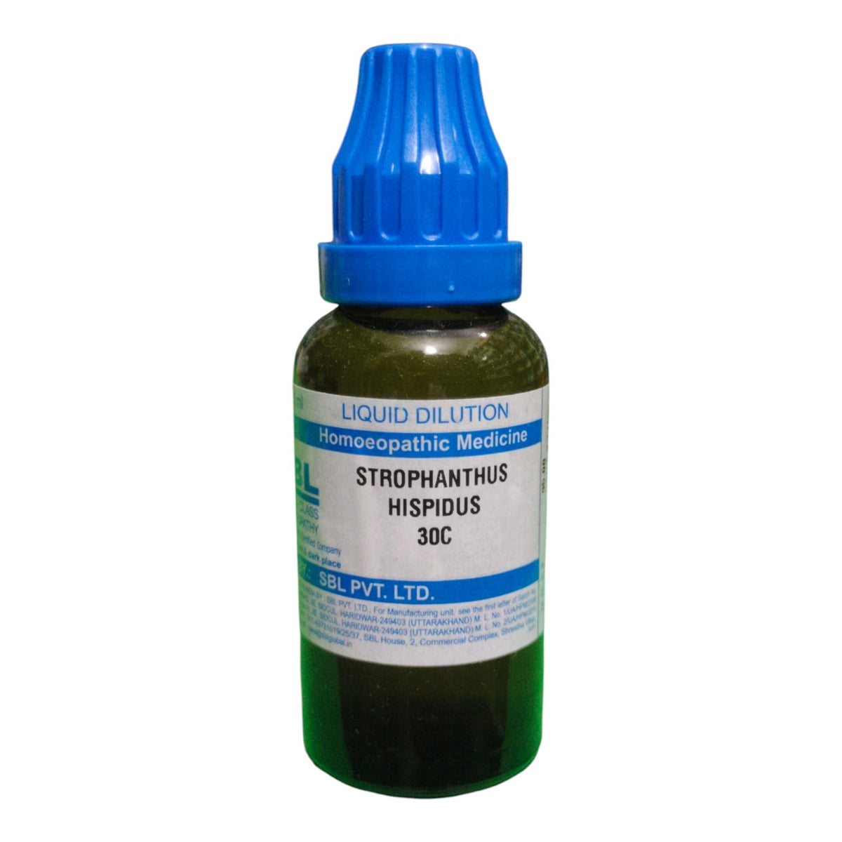 A bottle of Strophanthus Hispidus 30C liquid dilution homeopathic medicine by SLR. PVT.