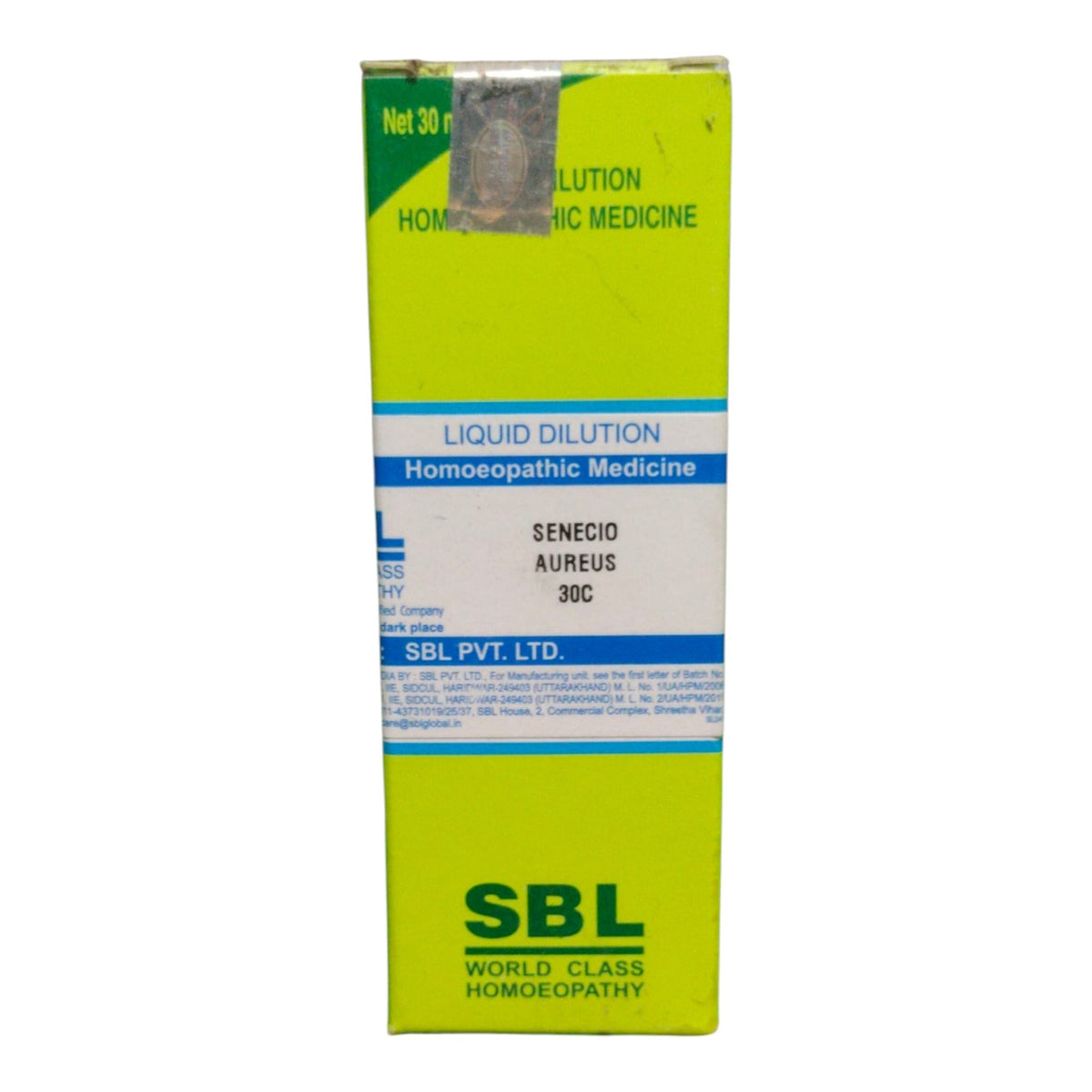 A tall rectangular box of SBL World Class Homoeopathy Liquid Dilution Senecio Aureus 30C homeopathic medicine, featuring a bright lime green and white color scheme with blue accents.