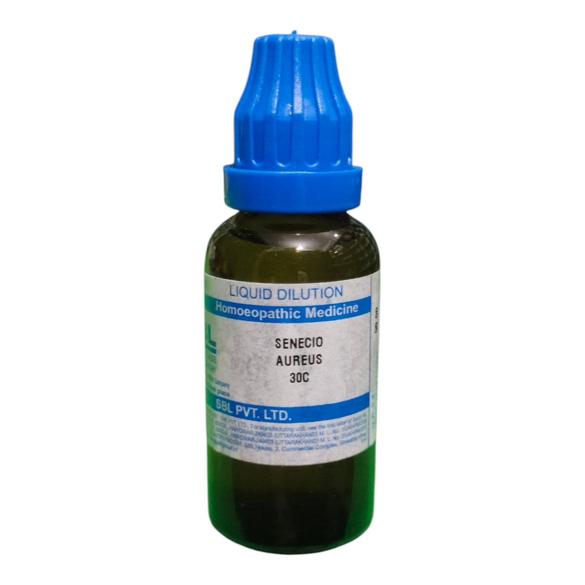 A small amber glass bottle of homeopathic medicine with a bright blue dropper cap and a white label reading 'Liquid Dilution' and 'Senecio Aureus 30C'.