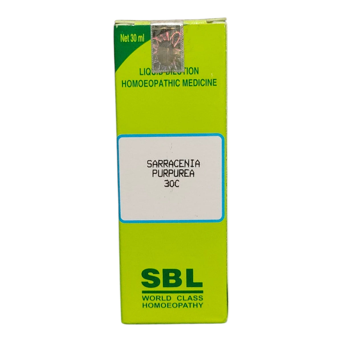 A 30 ml box of SBL Sarracenia Purpurea 30C liquid homeopathic medicine, featuring a bright lime green and white color scheme with a clear window showing the liquid inside.