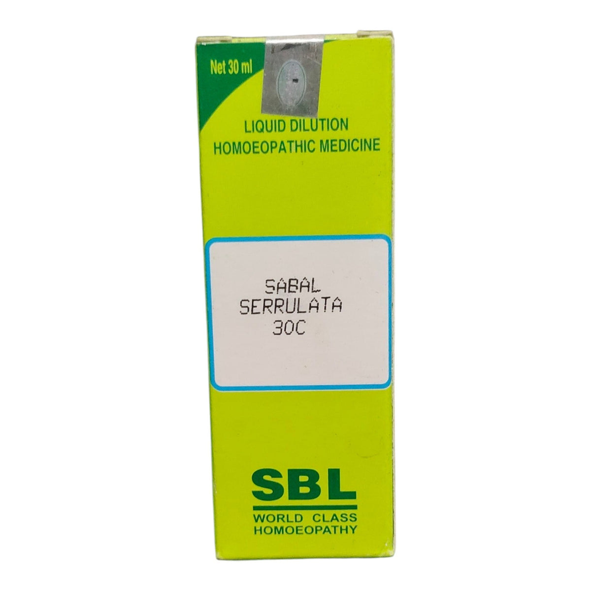 A 30 ml box of SBL Sabal Serrulata 30C liquid dilution homeopathic medicine, featuring a bright lime green and white design with dark green text.