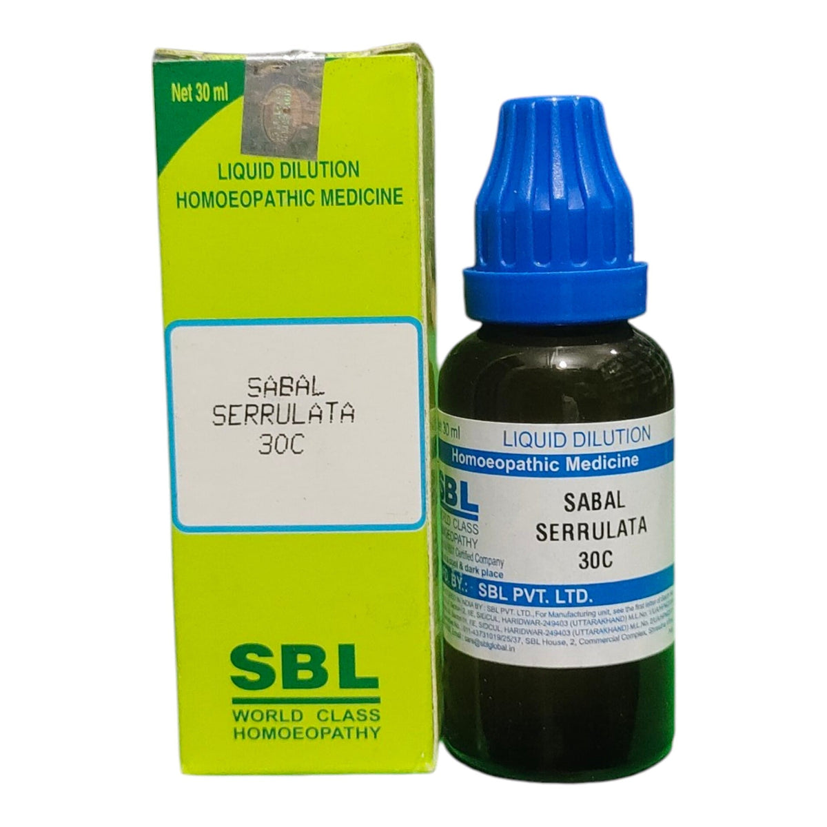 A bottle of SBL Sabal Serrulata 30C liquid dilution homeopathic medicine next to its lime green and white packaging box on a white background.