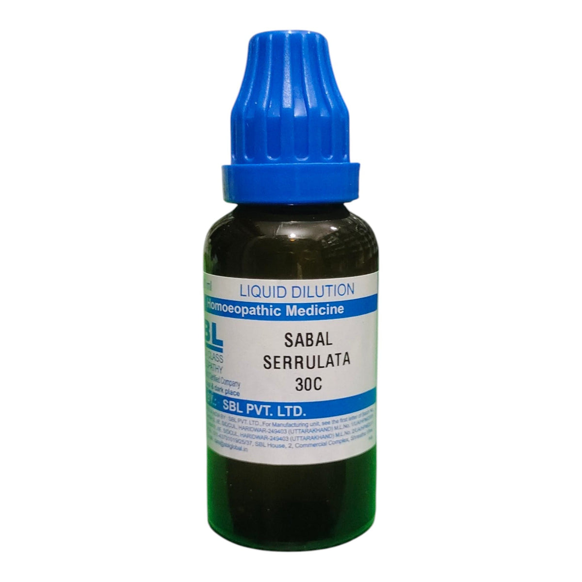 A dark amber glass bottle of Sabal Serrulata 30C liquid dilutionopathic medicine with a blue ribbed cap, on a white background.