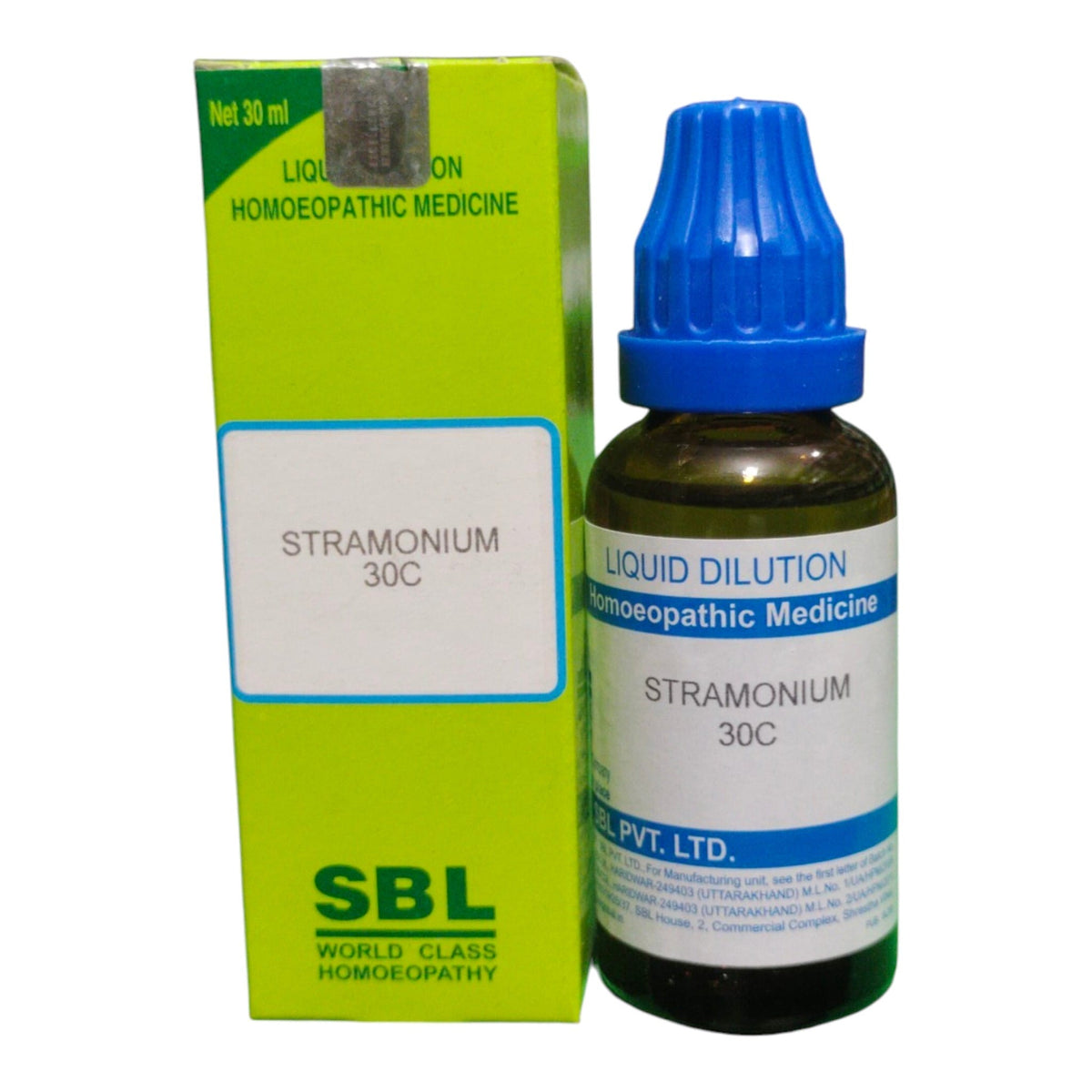 A bottle of SBL Stramonium 30C homeopathic liquid medicine next to its lime green box, featuring a blue dropper cap on a white background.