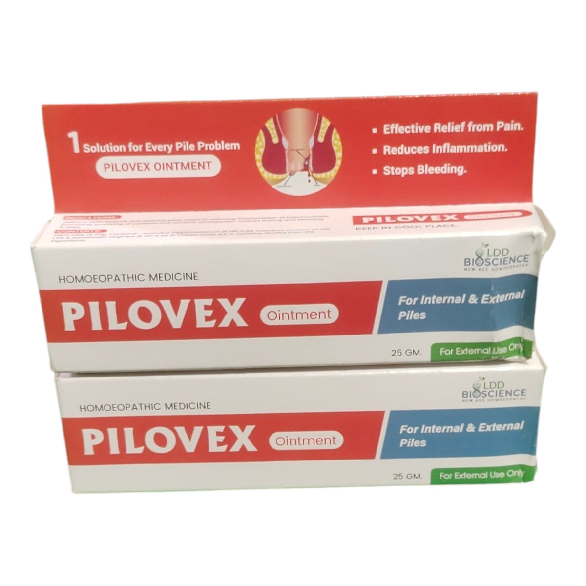 Two boxes of Pilocvex Ointment stacked vertically on a white background, with a red informational card above them showing relief benefits.