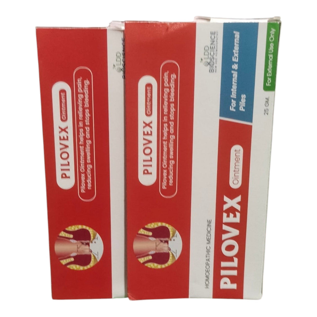 Two boxes of PILOVEX Ointment shown against a plain white background. The packaging is primarily red and white with a blue vertical stripe on the right box and a small green 'For Extended Use Only' label.