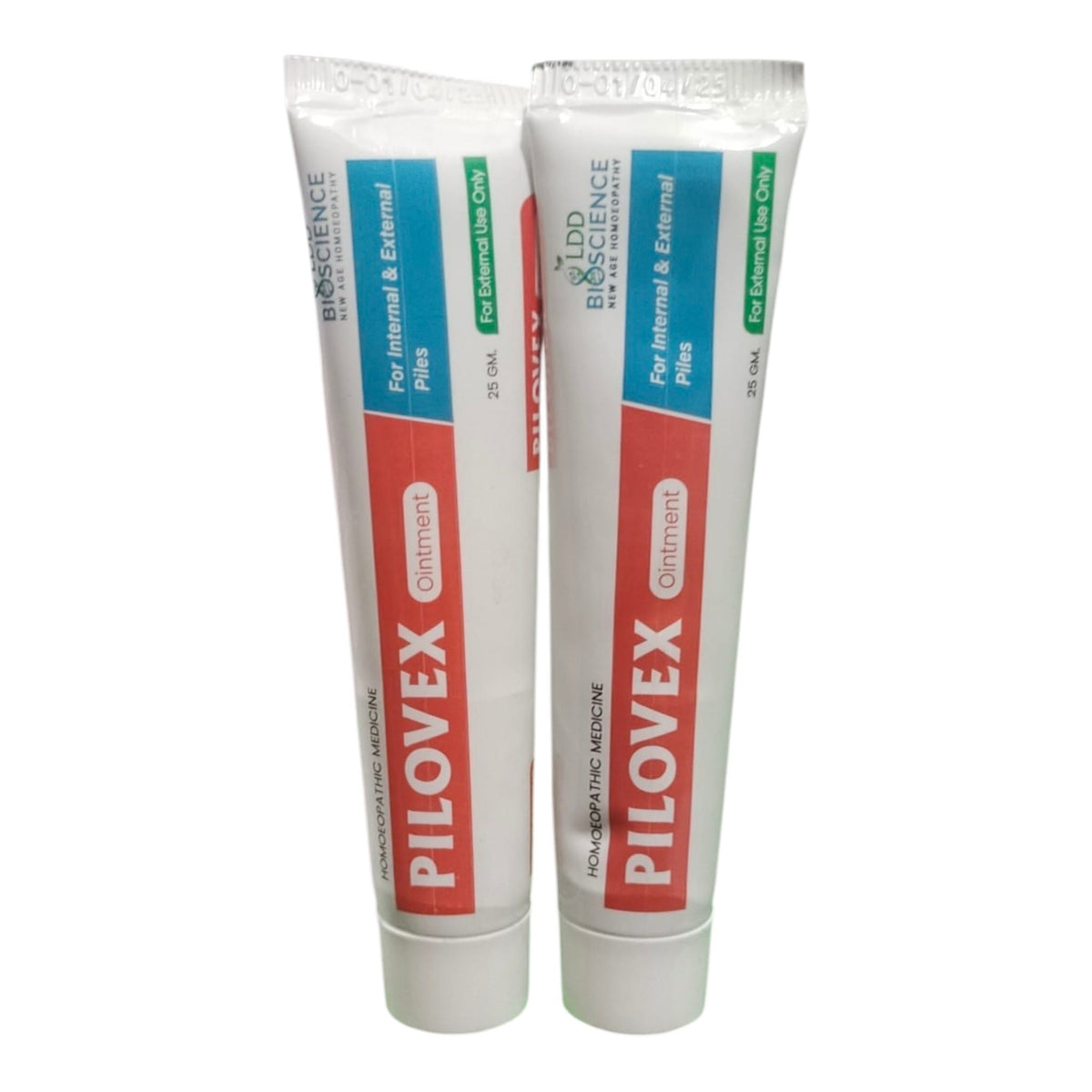 Two white tubes of PILOVEX Ointment by Resistance Pharmaceuticals, standing upright against a plain white background.