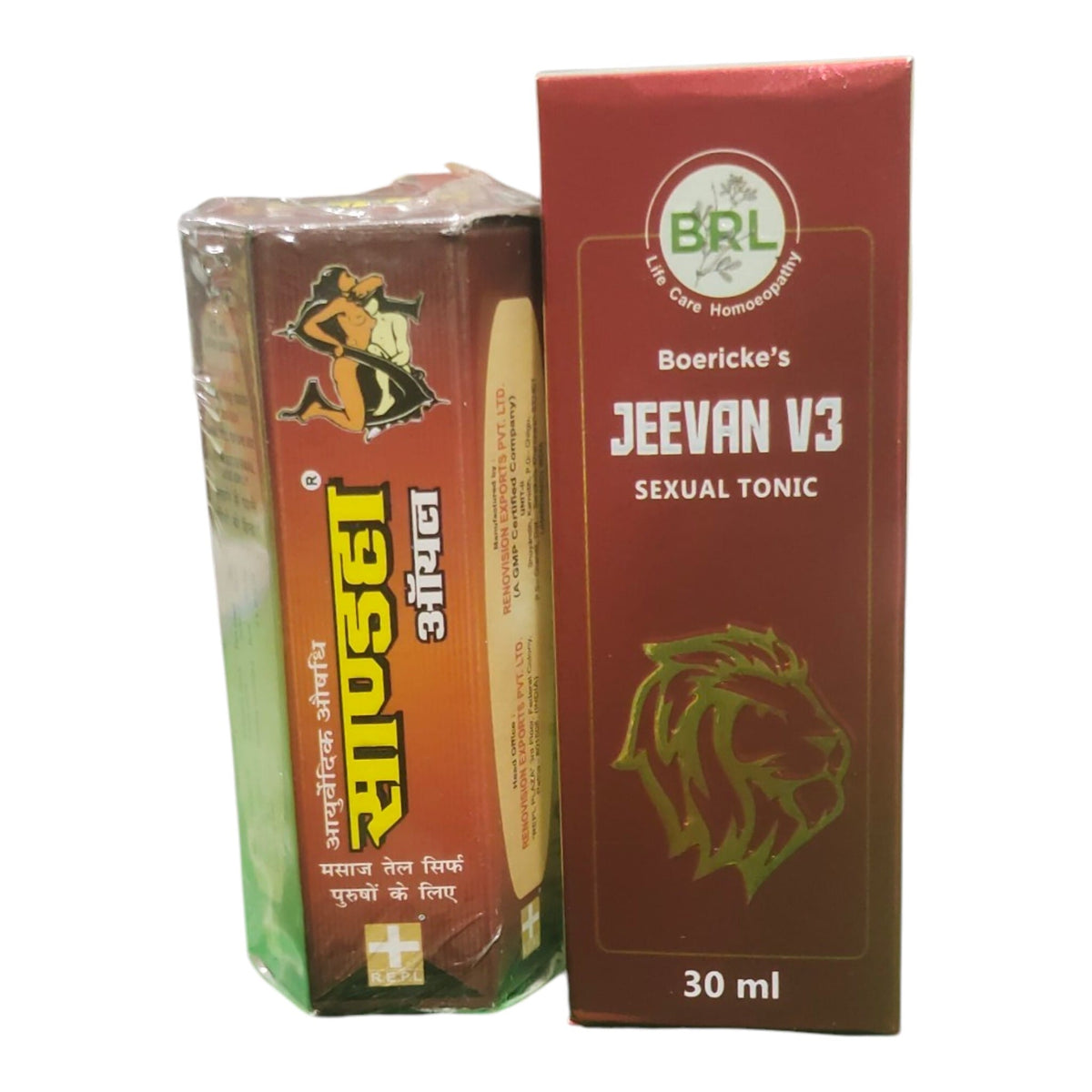 A boxed bottle of Boericke's Jeevan V3 Sexual Tonic shown on a plain white background. The packaging is predominantly dark red/burgundy with gold and green graphics, plus Hindi text and a lion head illustration.