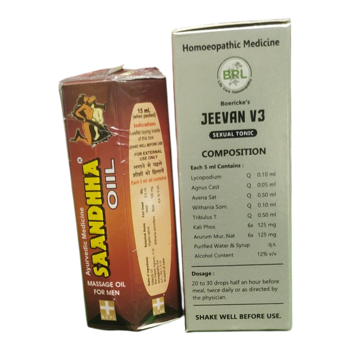 Boericka's Jeevan V3 Sexual Tonic homeopathic medicine shown in its brown cardboard box and its light gray outer packaging box, both on a plain white background.