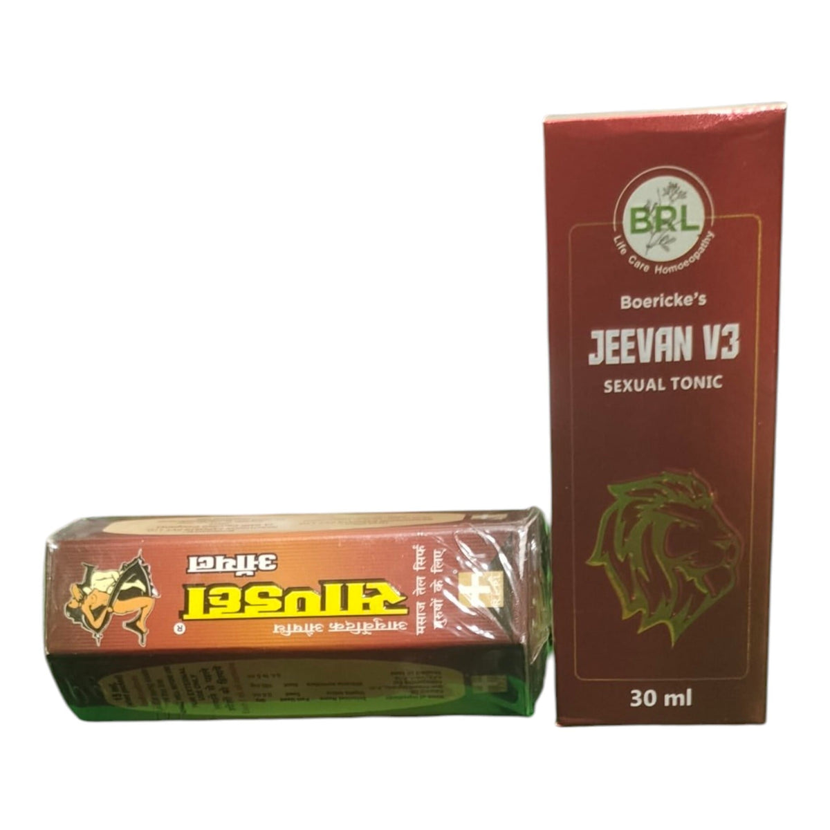 Boericke's Jeevan V3 Sexual Tonic 30 ml, shown with its green and orange outer cardboard box and the inner product packaging wrapped in clear plastic, on a plain white background.