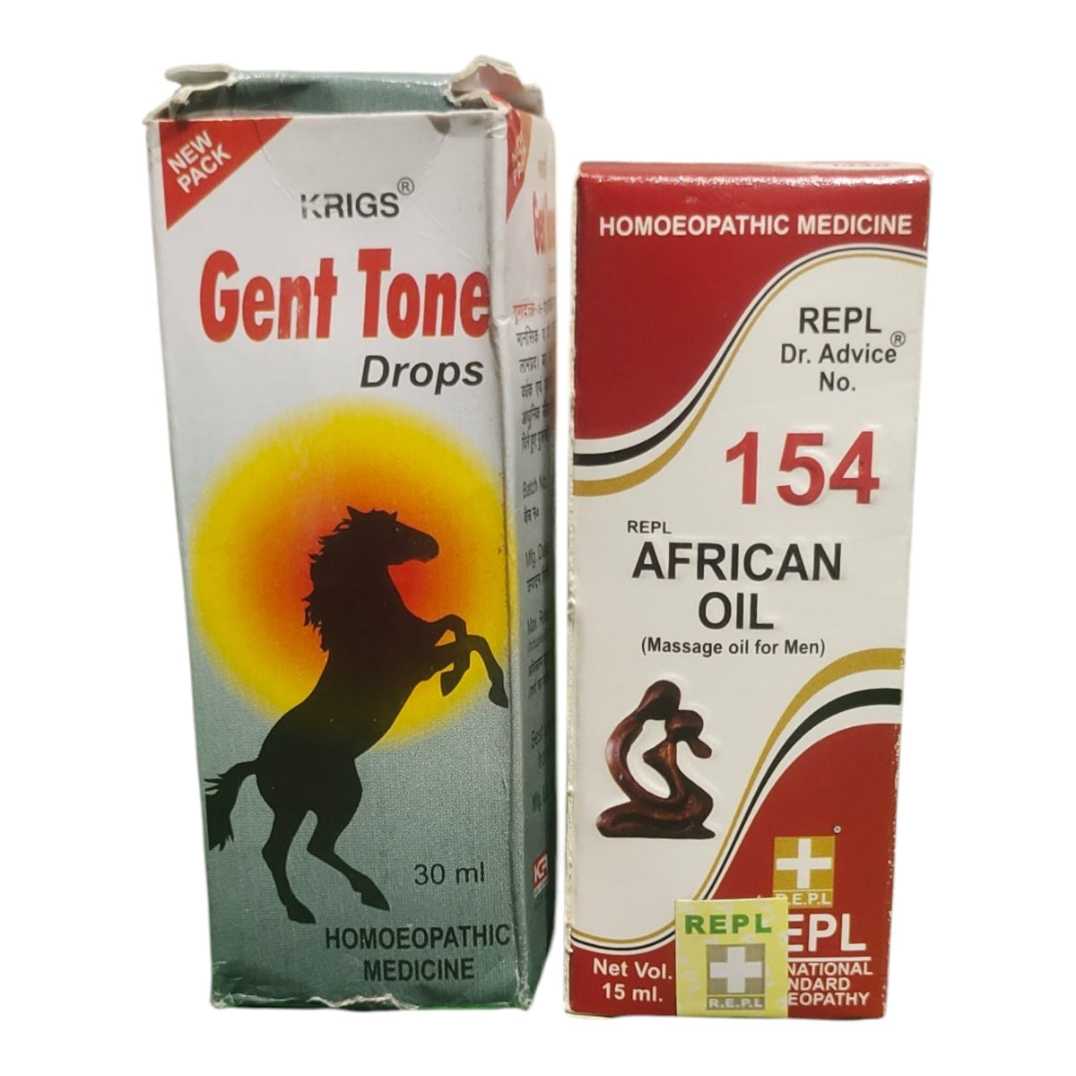Two boxes of homeopathic medicine shown side by side on a plain white background: Krigs Gent Tone Drops on the left and REPL African Oil 154 on the right.