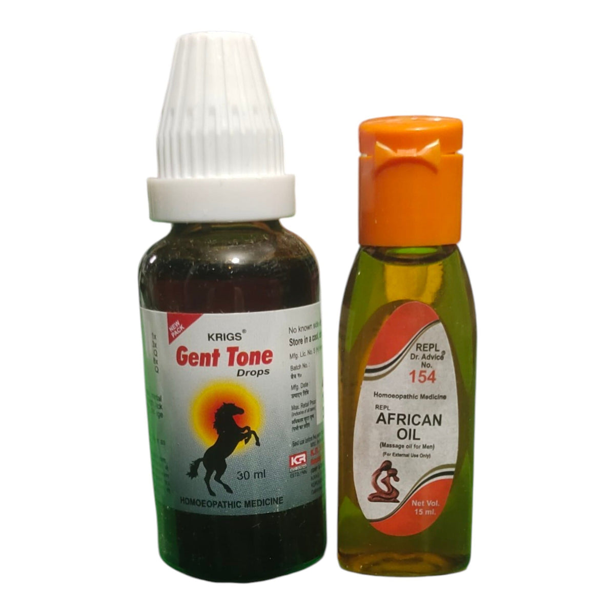 Two bottles of veterinary medicine on a white background: a dark bottle of Krigs Gent Tone Drops with a white cap and a green bottle of Replast African Oil with an orange cap.
