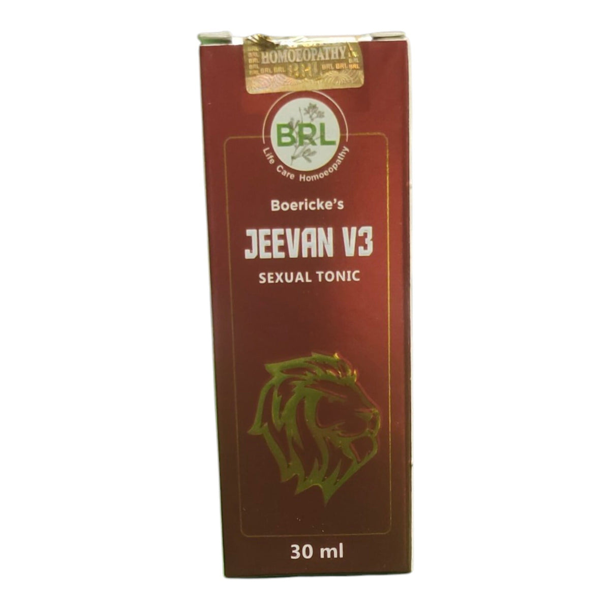 A 30 ml box of Boericke's Jeevan V3 Sexual Tonic by BRL, featuring a dark reddish-brown box with a gold lion graphic and white text.