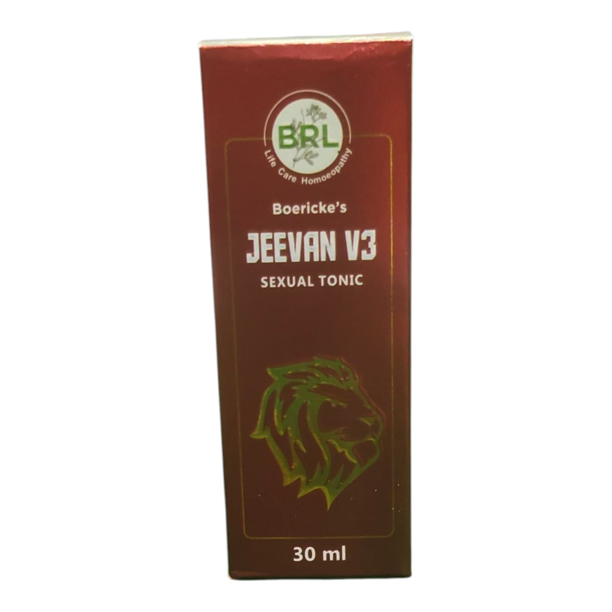 A 30 ml box of Boericke's Jeevan V3 Sexual Tonic by BRL Life Care Homeopathic, featuring a dark reddish-brown box with white text and a green lion graphic.
