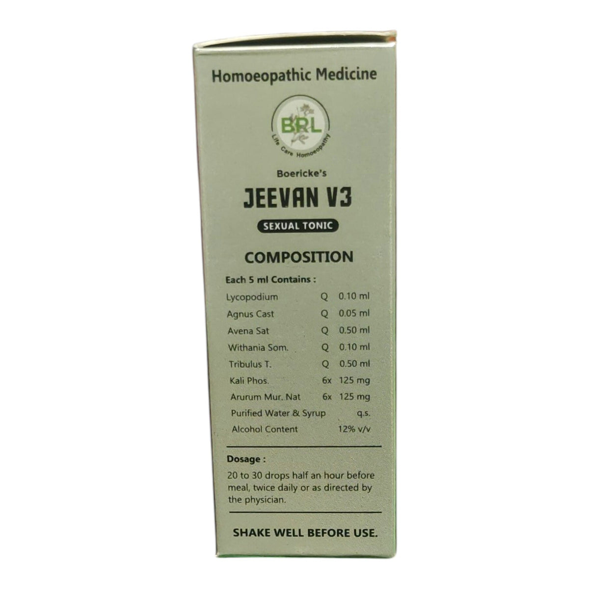 A tall rectangular box of homeopathic medicine labeled 'Boericke's JEEVAN V3 SEXUAL TONIC' with composition details printed on the front, shown against a plain white background.
