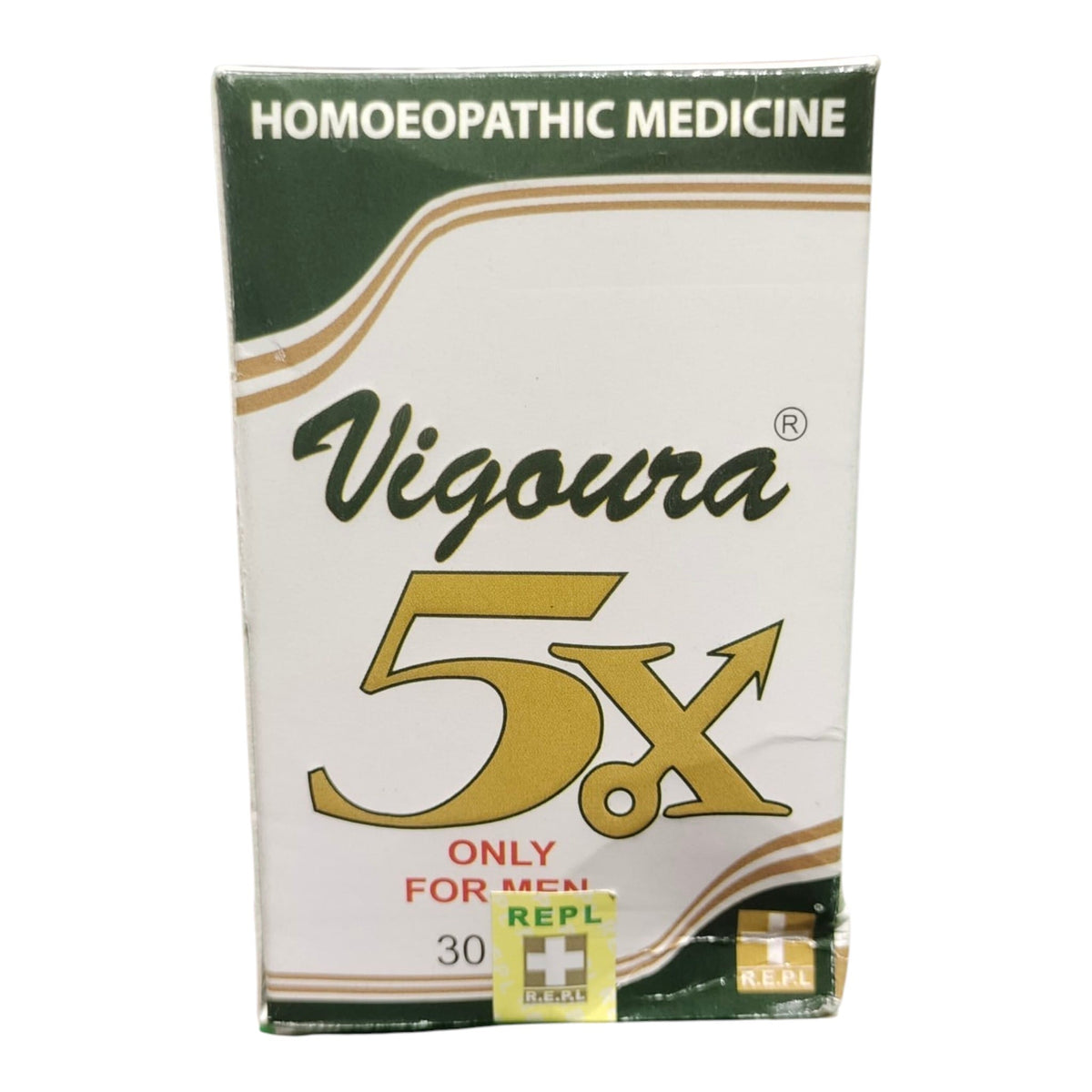 A box of Vigoura 5x Homoeopathic Medicine for men, featuring a white and dark green design with a large gold '5x' logo.